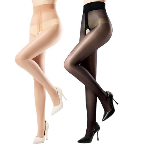 Open Crotch Shiny Pantyhose for Women Snag Resistant Sheer Shimmer Tights Pack of 2