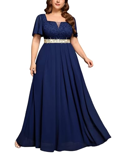 MISSMAY Women's Plus Size Floral Lace Ruffle Sleeves Beads Waist Chiffon Formal Party Maxi Dress