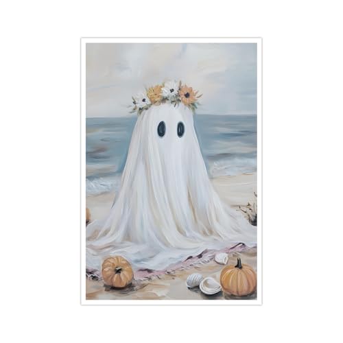 Coastal Halloween Wall Art Vintage Ghost Beach Poster Summerween Canvas Print for Living...
