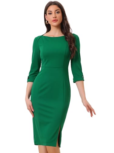 Allegra K Women's St. Patrick's Day Boat Neck Dress 3/4 Sleeves 2026 Midi Split Elegant Sheath Dresses Green XL