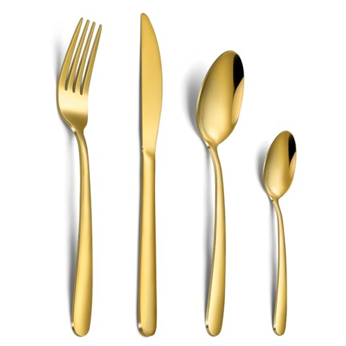 Hunnycook 32-Piece Gold Cutlery Set - Stainless Steel Cutlery Sets for 8 People Mirror Polished Gold Forks Knives and Spoons Set Dishwasher Safe Tableware Set for Kitchen Parties & Weddings