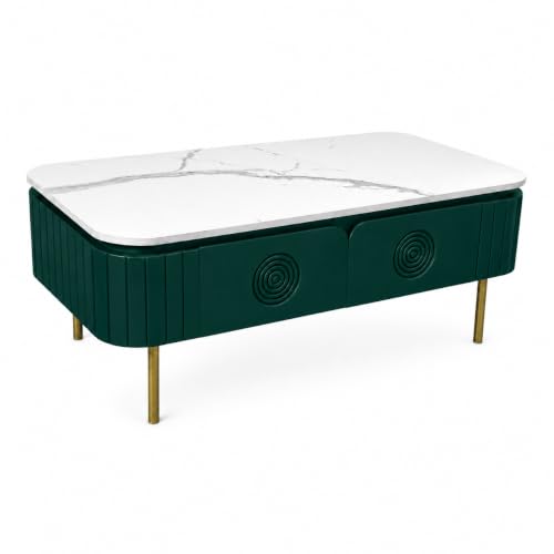 Image of Solid Wood Mandala Center Table with Sintered Stone Top for Living Room |Premium Acrylic Emerald Green | 115 cm (W) x 60 cm (D) x 45 cm (H)