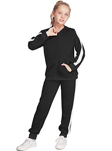 Boyoo Girl's 2Pcs Athletic Sweatsuit Sets Zip-Up Sweatpant Hooded Sweatshirt Jogger Tracksuit Outfit, Black Solid, 12-13 Years #TOP8