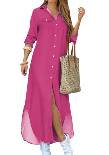 Image of YMING Women's Long Sleeve Button Down Shirt Dress Spring Casual Maxi Dresses Loose Fit Blouse Dress with Pockets