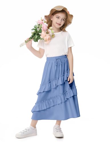 Image of Girls High Waisted Ruffle Maxi Skirt Soft Cotton Long Skirts with Elastic Waistband for Kid Girl 3-12 Years