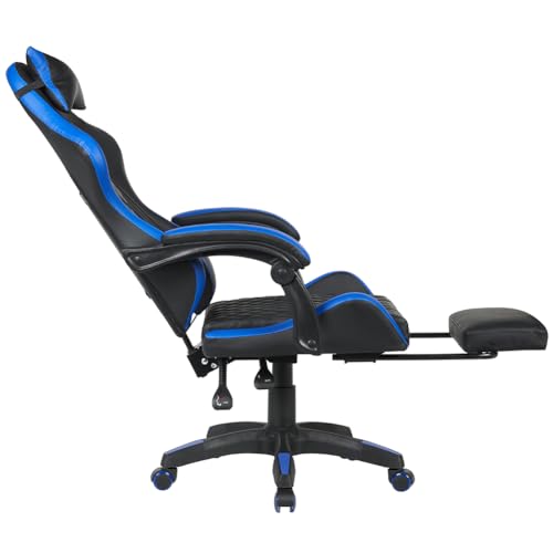 Sedia Poltrona Gaming Scrivana Ufficio Casa in Ecopelle Schienale Reclinabile Cuscino Lombare Poggiatesta Rotazione 360 Gradi Altezza Regolabile Base 5 Ruote (Blu con Poggiapiedi) - Sedia gaming - Immagine 4