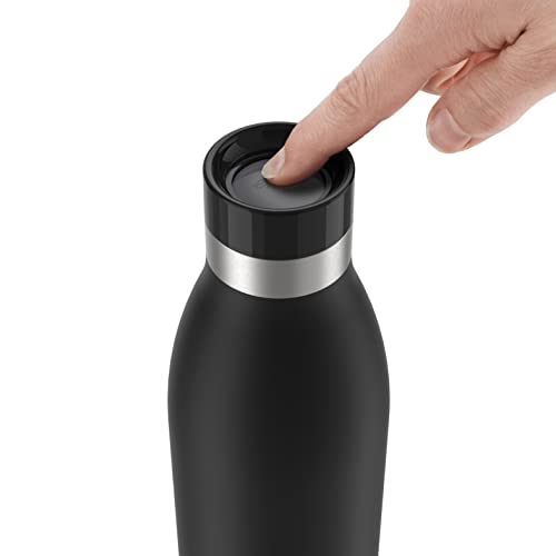Emsa Bludrop Isolier-Trinkflasche, 1 Liter, 100% dicht, Quick-Press Verschluss, Ergonomischer 360° Trinkgenuss, 20h warm, 40h kühl, einfache Reinigung, Edelstahl, Pulverbeschichtung, Schwarz, N31120