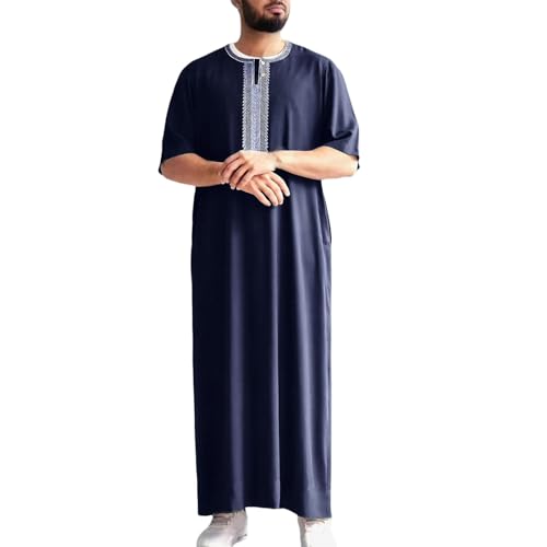 Túnica Larga para Hombre con Detalles Bordados y Bolsillos Estilo Musulmán para Uso Informal (Navy, M) c100