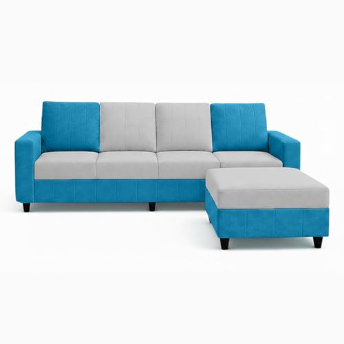 Image of Stryker Plush 5 Seater L Shape Sofa Set with Movable Ottoman | Flexible Layout |Silken Velvet Suede | Designer Sofa for Living Rooms & Office Spaces (Aqua Blue & Light Grey)