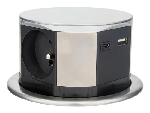 Otio, Bloc Multiprise Encastrable 3 Prises 16A 2P+T et 2 USB, Alu, Ø100mm, Câble H05VV-F 3G1,5mm² 1.5m, Puissance Max 3680W, IP20, Installation Facile,...