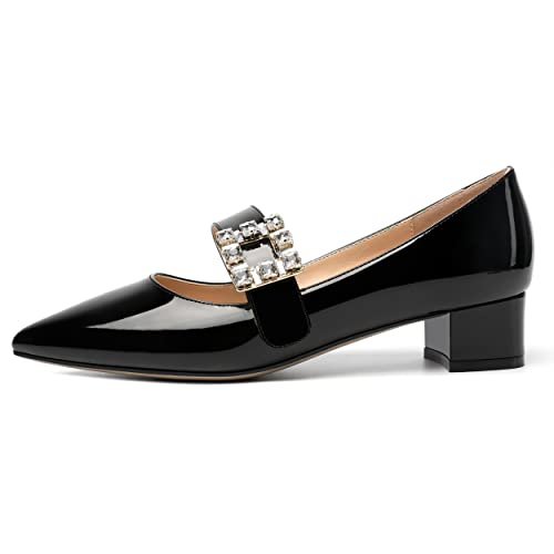 NUMALEO Womens Fashion Dating Bungee Pointed Toe Ankle Strap Rhinestone Solid Patent Chunky Low Heel Pumps Shoes 1.5 Inch2