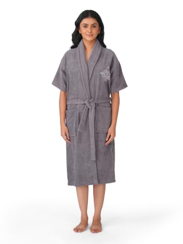 Image of RANGOLI Premium Women's Knee-Length 460 GSM Bamboo Bathrobe in Half Sleeves with 2 Pockets & Belt Closure with Ultra Soft Fabric & Skin-Friendly (Grey-L) | Royal Bamboo