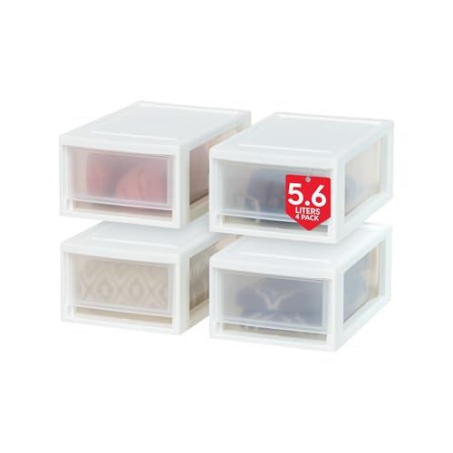 IRIS USA 6 Quart Compact Stacking Storage Drawer, Plastic Drawer Organizer with Clear Doors for Undersink, Kitchen, Pantry, Desk, and Home De-Clutter, Store Shoes and Craft Supplies, 4-Pack, White by IRIS - Used condition - CA$44.09