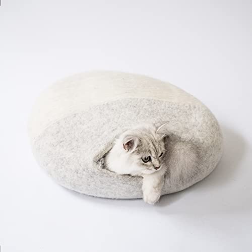 LucyBalu® Katzenhöhle für Junge und kleine Katzen I Filzhöhle Kitten Cave I 38x38x20 cm I Filz Katzenhöhle aus 100% Wolle I Hellgrau - Weiß Cover