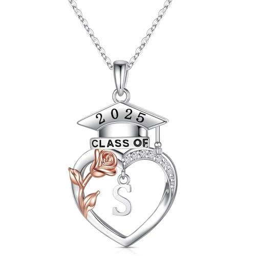 Memorjew Graduation Necklace & Jewelry, 2025 Graduation Gifts for Her, 925 Sterling Silver Rose Heart Initial S Necklace