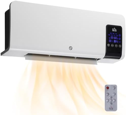 HOMCOM Low Consumption Electric Heater, 1000W/2000W, Wall Bathroom Heater with Oscillation Function, LED Display, Overheat Protection, Timer, Remote C...