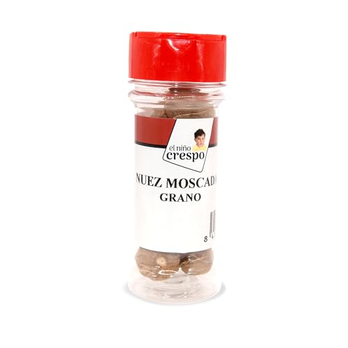 El Niño Crespo - Tarro de Nuez Moscada en Grano 30 g - Ideal para Condimentar Platos Dulces y Salados - Ayuda a Mejorar la Concentración - Especias en Bote de Plástico Resistente PET