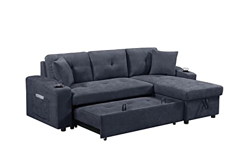 Biadnbz Sleeper Sectional Sofa Convertible With Pull Out Bed And Reversible Storage Chaise, L-Shape Corner Couch W/2 Cupholders, Side Pockets&Pillows, For Living Room Apartment, Dark Gray #TOP2