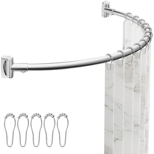 ENJOYBASICS Curved Shower Curtain Rod with Shower Rings Adjustable Round Bathroom Rod for Extra Space Rustproof Need to Drill Silver 35-77 Inches