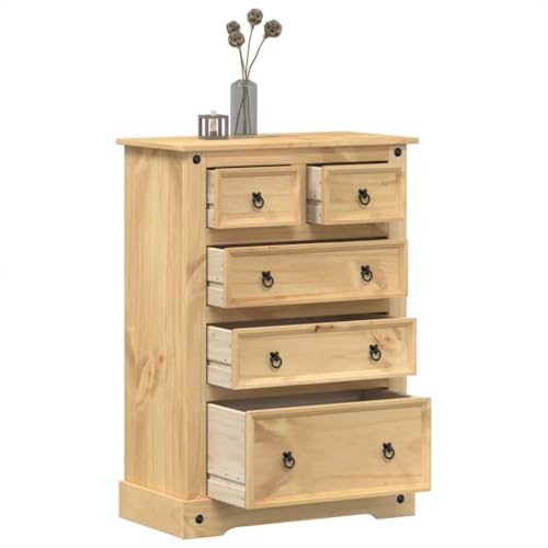 Sinkzol Cómoda Corona de madera maciza de pino con acabado en cera de miel, 80 x 43 x 114 cm, 5 cajones, tiradores de metal, espacio de almacenamiento para salón, dormitorio y pasillo
