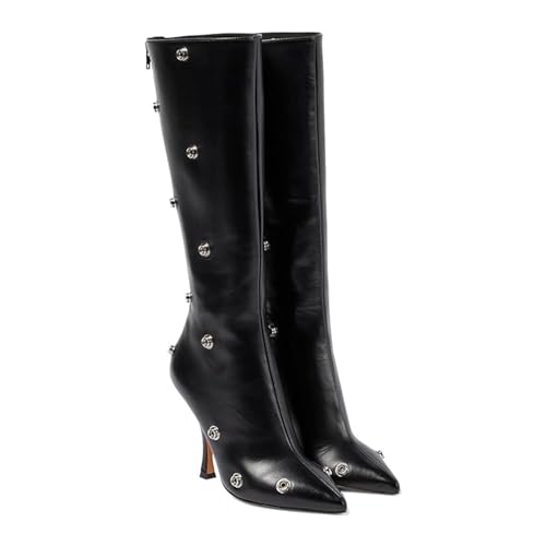 KaroNairy Women Knee High Boots Pointed Toe Stiletto High Heel Boot Detachable Snap-off Panel Shark Boots Black82