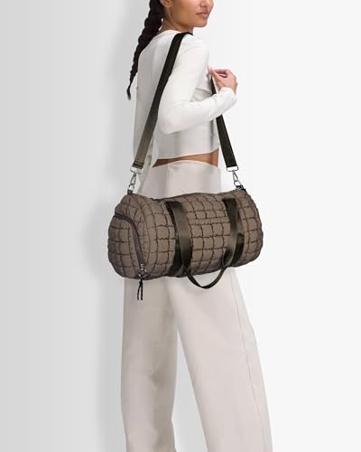 Lushandy Quilted Duffel Bag for Women, Puffer Gym Duffle Bag with Shoe Compartment Puffy Duffle Bag for Travel Overnight Carry On Bag Workout Weekend Bag, Brown2