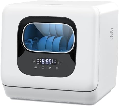 Joy Pebble Countertop Dishwasher, 28 Pieces Dishes/Cycle, 6 Washing Programs&Hot Drying, Dish Washer with 360°Dual Spray, with Child Lock&Delayed Start, Portable Dishwasher for Apartment/RV/Dorm