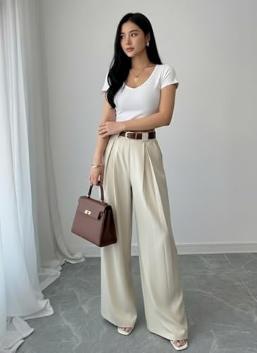 Image of SMOWKLY Women's Korean Style Loose Fit Wide Leg Trousers | Cotton Blend Pleated Palazzo Pants with Elastic Back Waist | High Waist Office & Casual Wear | Stretchable & Breathable