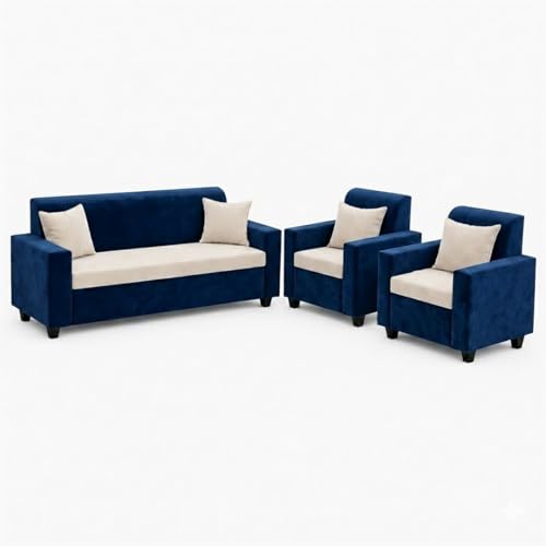Image of FURNY QualityWood 3 Seater + 1 Seater + 1 Seater Fabric Sofa Set (Cream-Dark Blue) with Velvet Finish | Durable Comfort | Ideal for Living Room