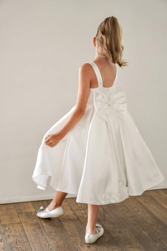 Satin Flower Girl Dresses Tea Length First Communion Dress Pageant Dress Ball Gown with Bow4