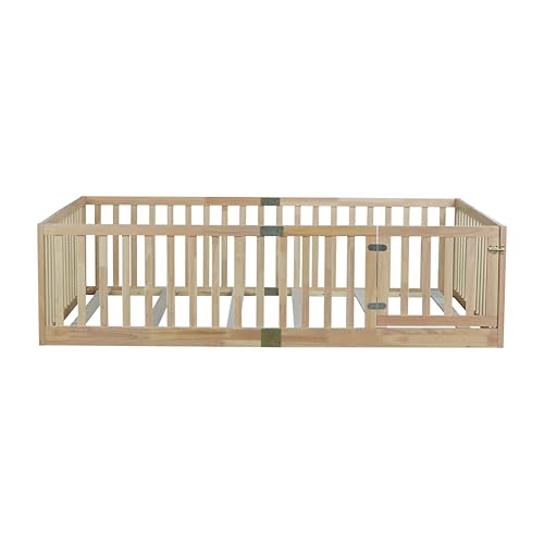 Image of Bellemave Full Size Kids Montessori Floor Bed Frame with Door and Slats,Solid Wood Floor Bed Frame with Slats and High Fence for Kids,Girls,Boys,Natural