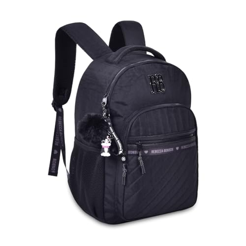 Mochila de Costas Rebecca Bonbon RB24515 Crinkle 17” com Matelassê Bolso Antifurto e Chaveiro Personalizado (Preto)