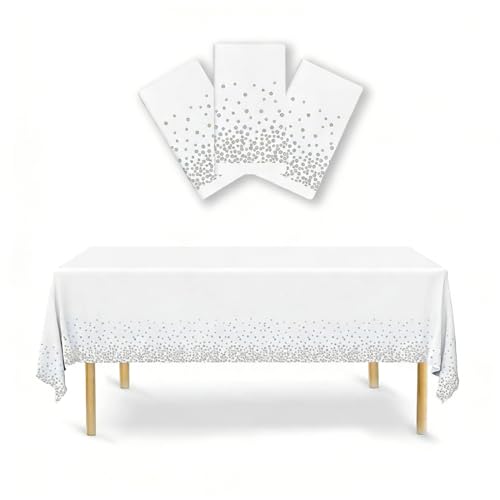 Sxingh 3 Pièces Nappe Blanc Argent Pois Rectangulaire, 137 x 274 cm Imperméable Nappe pour Fête,...