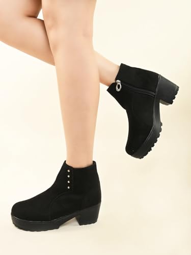 Image of XE Looks 100% Vegan Leather Women's Black Suede Ankle Boots for Women | Chunky Heel with Decorative Studs | Comfortable & Stylish Winter Boots For Girls & Women