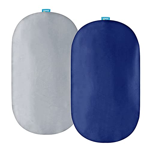 Image of Satin Bassinet Sheets Fit for Rectangle, Hourglass, Oval Bassinet Mattress, 2 Pack, Great Protect for Baby Hair and Skin, Ultra Soft Satin Cradle or Bassinet Sheets, Gray & Navy Blue