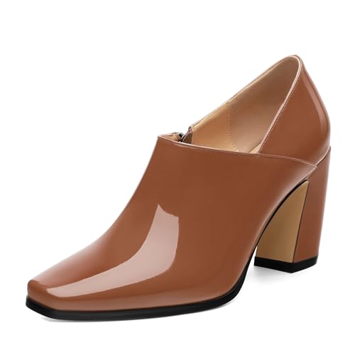 Womens Pumps, Square Toe Patent Side Zipper Chunky Block High Heel Pumps, Elegant Comfort Casual Slip On Party Dress Shoes 3.35 Inch