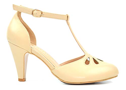 Chase & Chloe Kimmy-36 Women's Teardrop Cut Out T-Strap Mid Heel Dress Pumps (6, Nude PU)