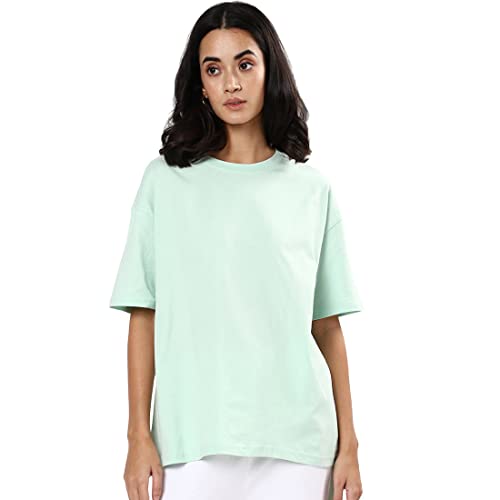 Image of Bewakoof Women's Solid Oversized Fit Half Sleeve Round Neck Cotton Jersey T-Shirt