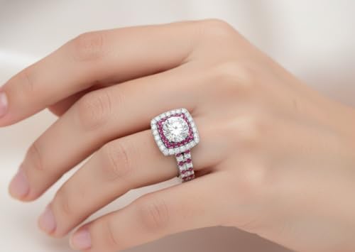Image of 55Carat Choose Your Gemstone Double Band Square Halo Diamond CZ Ring 925 Sterling Silver Round Shape Halo Engagement Rings Everyday Jewelry Wedding Jewelry Handmade Gifts for Wife US Size 4 to 12