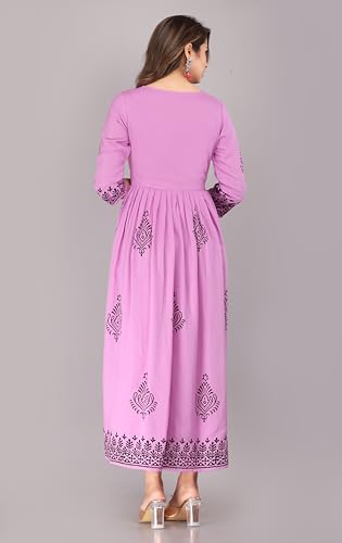 Image of Women's Rayon Anarkali Hand Block Printed Kurti (Large, Light Purple)