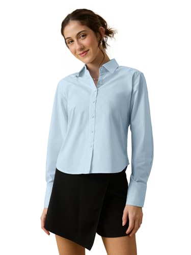 Image of The Souled Store Classic Solids: Baby Blue Women and Girls Full Length Collared Light Blue Solid 100% Cotton Regular Fit Breathable Lightweight Comfortable All-Season Everyday Shirt