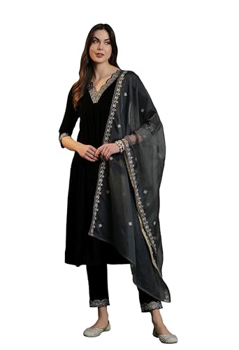 Image of SheWill Women's Zari Sequence Embroiderd Velvet Kurta with Pant and Dupatta| Salwar Suit Set with Dupatta| Velvet Kurta Set Women| Kurta Set for Women|Kurta Set with Dupatta for Women| Anarkali Kurta