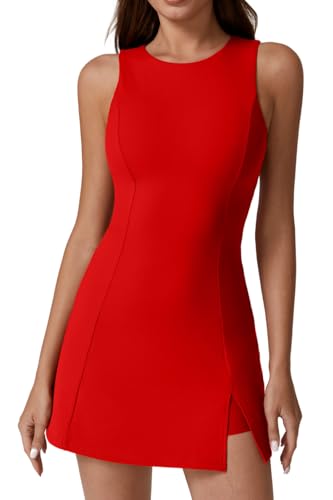 QINSEN Womens Crew Neck Tennis Dress Sleeveless Side Slit Golf Athletic Dress Build in Shorts with Pockets