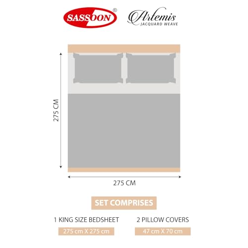 Image of Sassoon Artemis Italian Jacquard Weave Sateen Cotton Bedsheet - 400 TC, Cotton, Stripe Design, King Size (108 x 108 inches), Color: Denim, Soft, Breathable, - 1 Bedsheet + 2 Pillow Covers