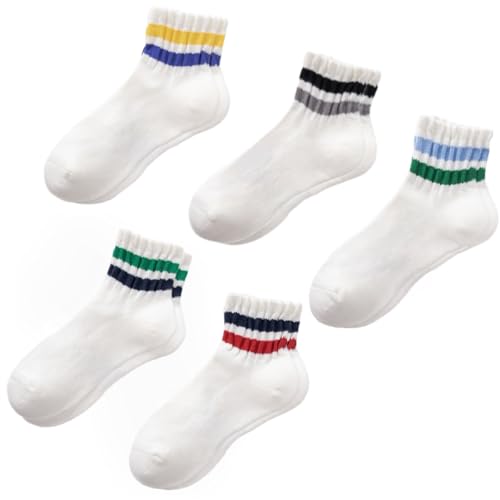 Image of Womens Crew Socks Striped Cushioned Mens Casual Vintage Retro Athletic Ankle Sock 5 Pack E