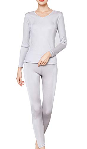 METWAY Women's Silk Long Johns |V-Neck Silk Thermal Underwear Sets|Winter Silk Long Underwear Large Silvergrey
