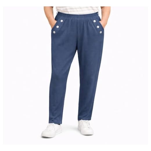 Seniorenmode24 Damen Senioren Schlupfhose mit Gummizug Kurzgröße Knopfapplikation ideal für pflegebedürftige Omas einfach anzuziehen (DE/NL/SE/PL, Numerisch, 42, 44, Regular, Regular, blau)