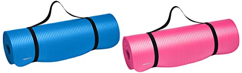 Image of AmazonBasics 13mm Extra Thick Yoga and Exercise Mat with Carrying Strap, Blue & 13mm Extra Thick Yoga and Exercise Mat with Carrying Strap, Pink Combo
