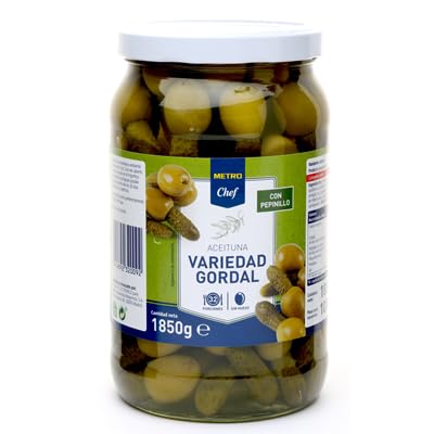 Aceitunas Gordal Chef Rellenas con Pepinillo o Guindilla – El Sabor Delicado y Picante que Necesitas (1 TARRO 1850g (Esc. 1000 g.), Gordal con Pepinillo)