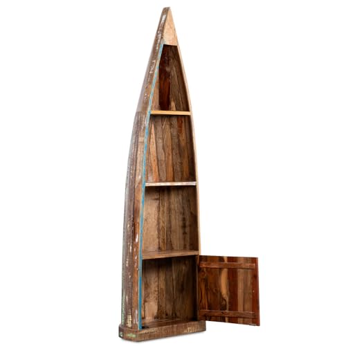 Image of Solid Wooden Book Shelf, Antique Boat Design Handcrafted Wooden Bookcase with Storage, Vintage Storage Shelf for Living Room, Office, Bedroom (Rustic-1)